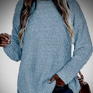 New Women’s Popcorn Knit Tunic Sweater PullOn Crewneck Side Slits Sky Blue Small